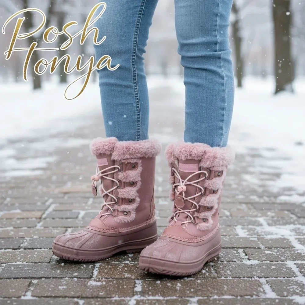 London Fog Faux Fur Winter Boots Pink Suede Size 4 Cabincore Cozy Outdoor